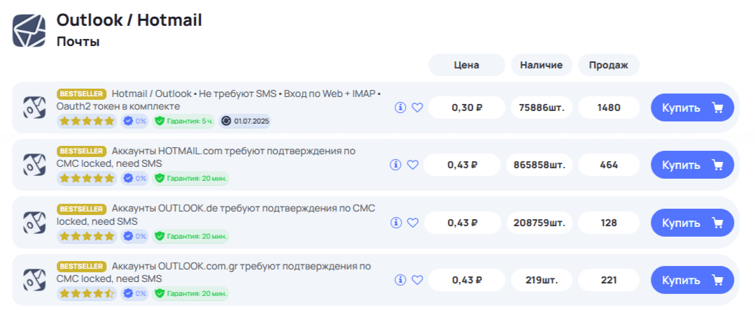 Darkstore: Аккаунты соцсетей и почты оптом